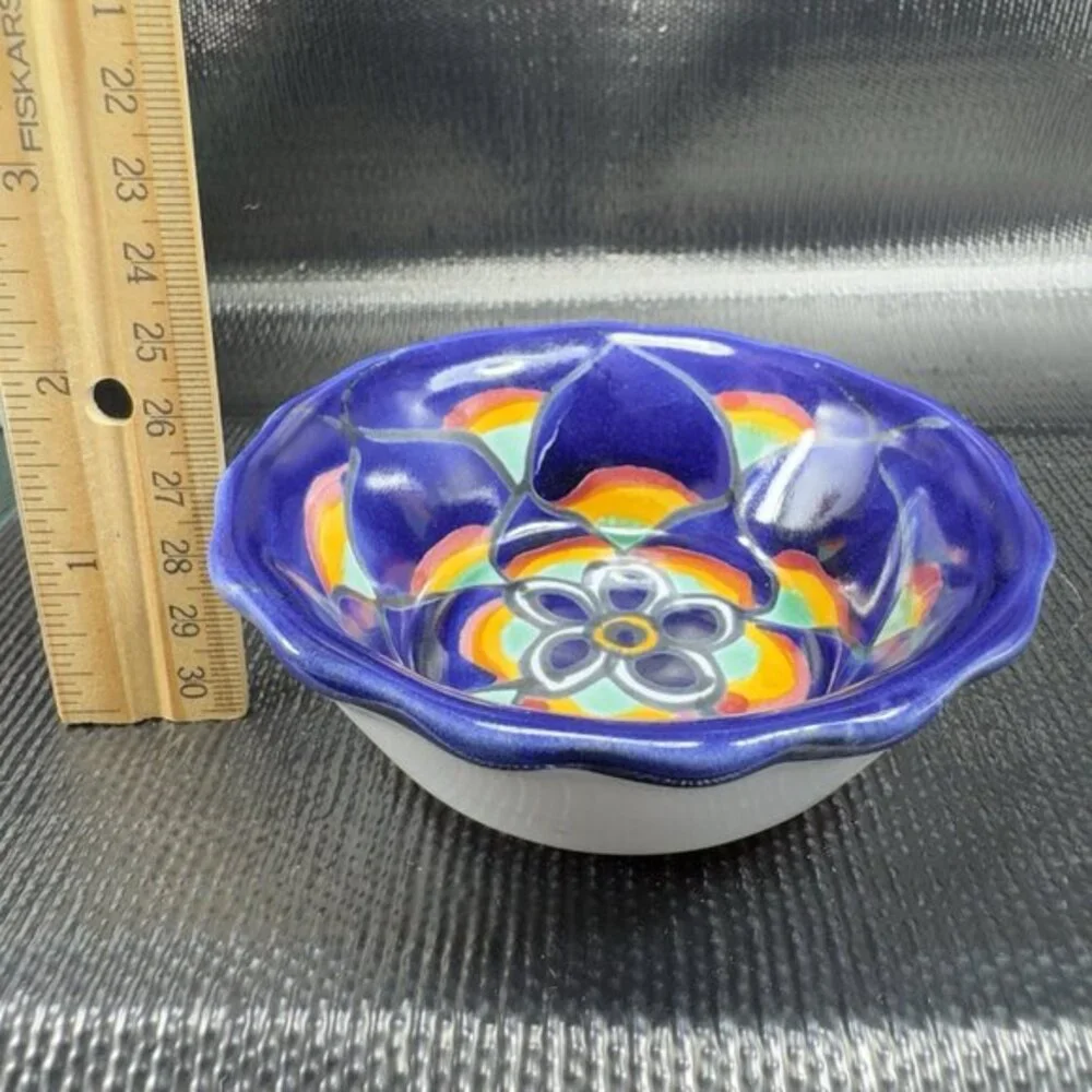 Vintage Hand‎ Made Mexico Pottery Talavera Multicolor Salsa Dish Bowl Wavy Edges